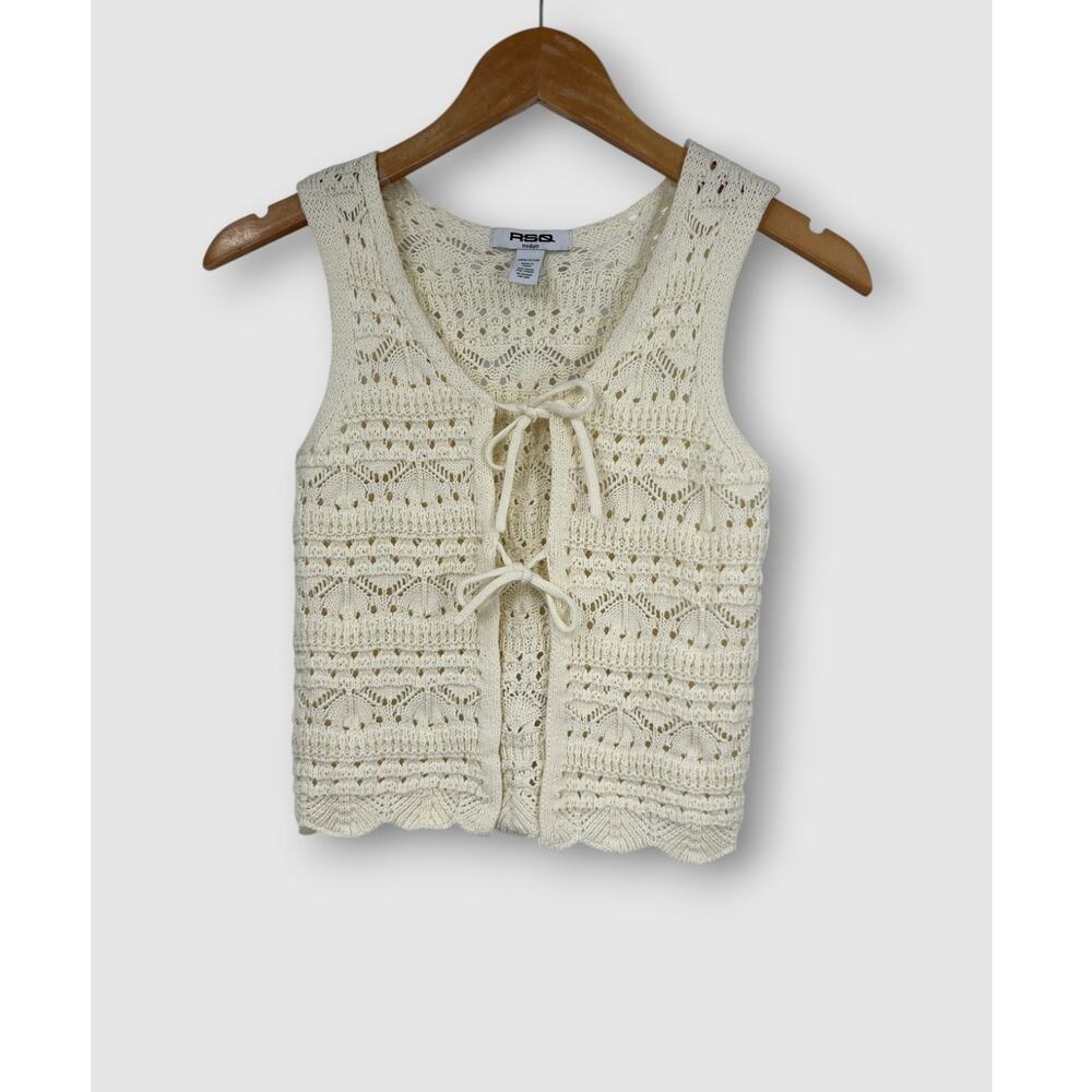 RSQ Boho Ivory Crochet Knit Tie Front Sweater Vest Cotton Small